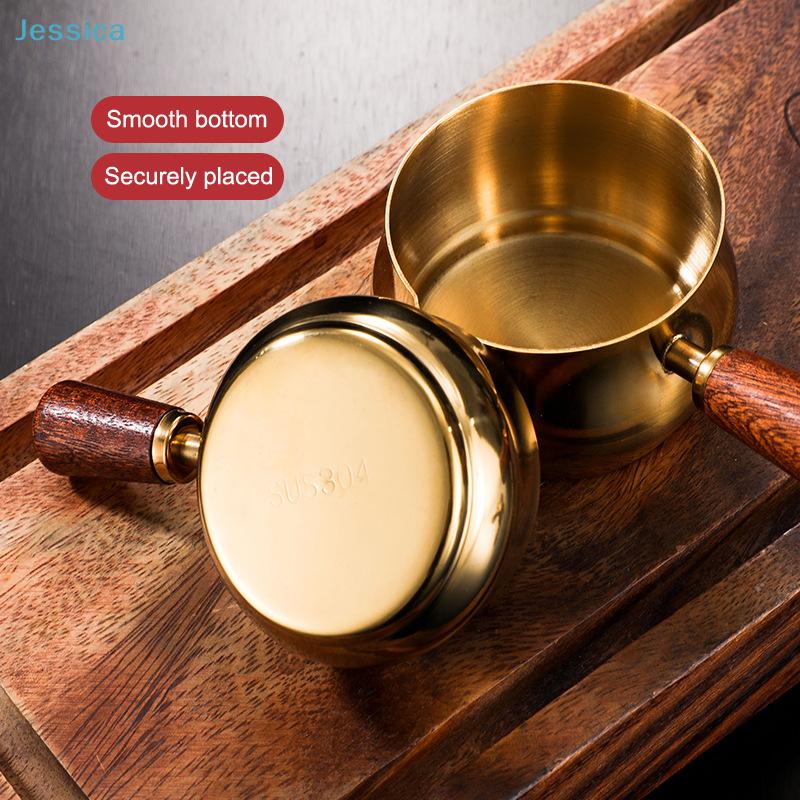Stainless Steel Single Handle Sauce Cup with Wooden Grip - Gold/Silver Double Color Food-Grade Dipping Bowls for Kitchen Dining