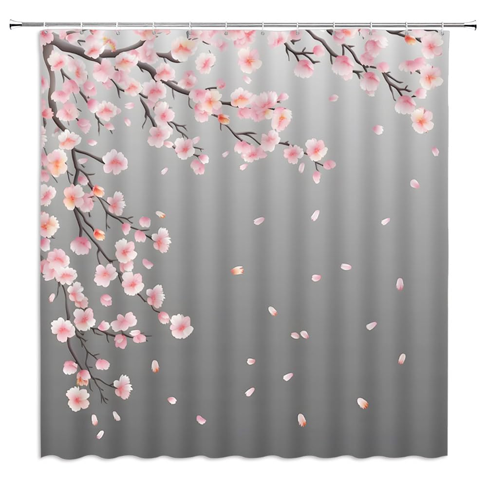 

Cherry Blossom Vintage Shower Curtain, Watercolor Blossom Blooming Japanese Cherry Tree Pink Flower Waterproof Bathroom Curtains W60H190(CM)-1 Pcs