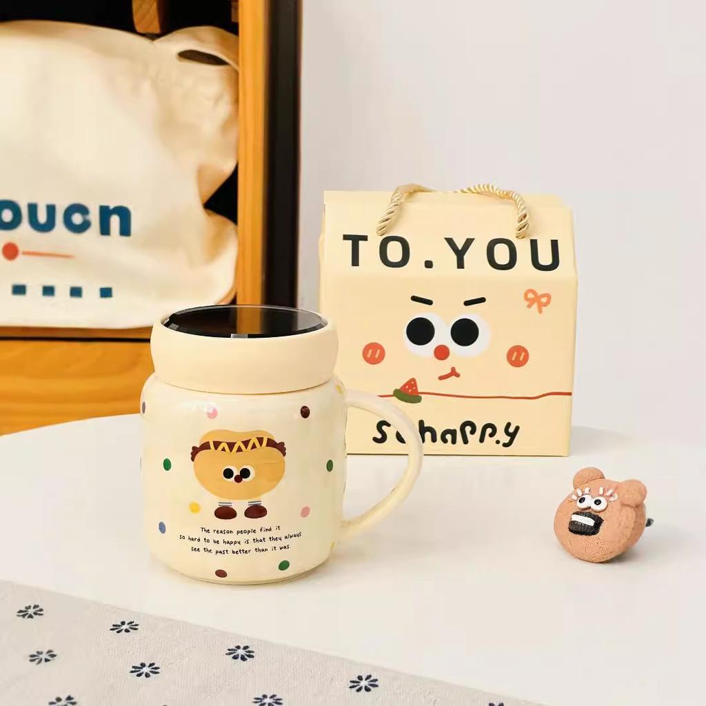 Cartoon Cone Mug with Lid Internet Celebrity Drinking Cup for Girls Dormitory Breakfast Cup Cute Gift Box Set Souvenir