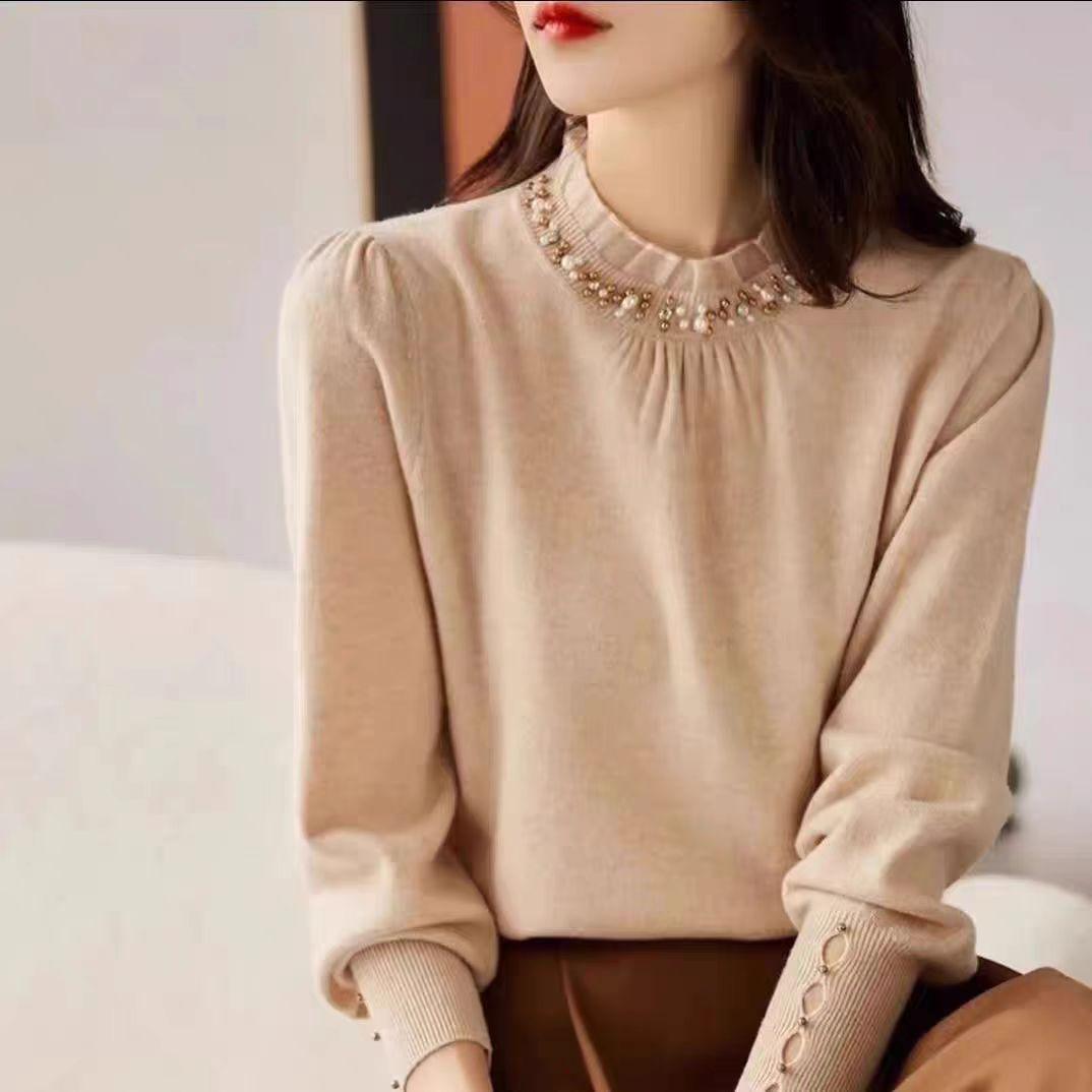 

Women s Autumn/Winter Lace Trim Beaded Sweater with Semi-High Neck Small бежевий