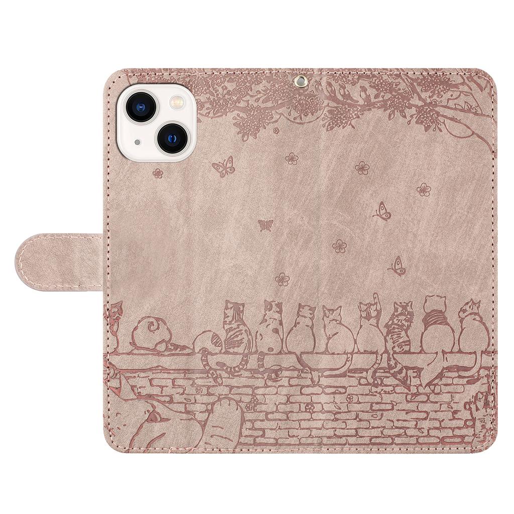 Imprinted Wall Cats Phone Leather Case for iPhone 14,Wallet Stand Full Protection Cover with Strap