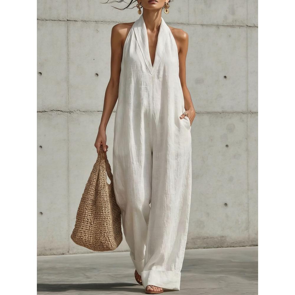 Women s Halter Neck V Neck Sleeveless Wide Leg Linen Style Jumpsuit S