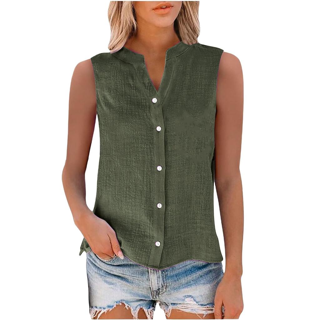 Women's Fashion Color Casual Sleeveless Cardigan Button Loose Cotton Linen Shirt Top