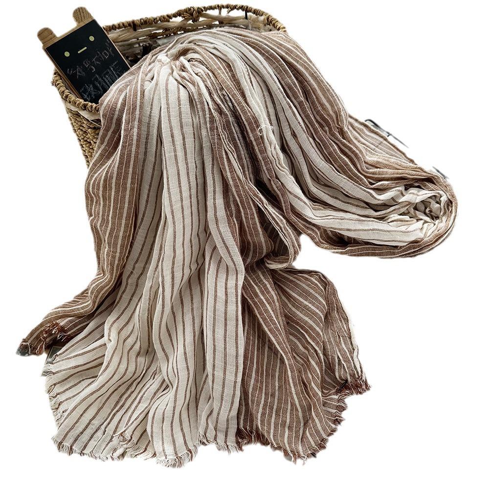 Simple Striped Cotton and Linen Scarf for Women, High-end Sense Light Luxury Contrasting Color Small Fringed Shawl Decoration Men's Silk Scarf