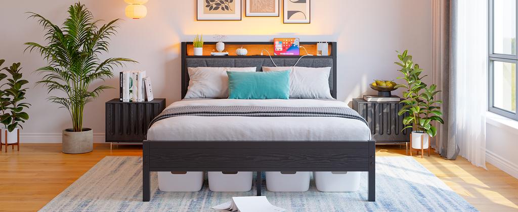 140x200cm Bed Frame with LED Lights, Storage Headboard with USB Charging, Heavy Duty Metal Slat Support, Noise-free, Assembly, No Box Spring Required