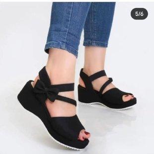 Large-Size Solid Color Low Heel Casual Sandals – New Bow Decoration Wedge Elastic Strap Sandals for Women