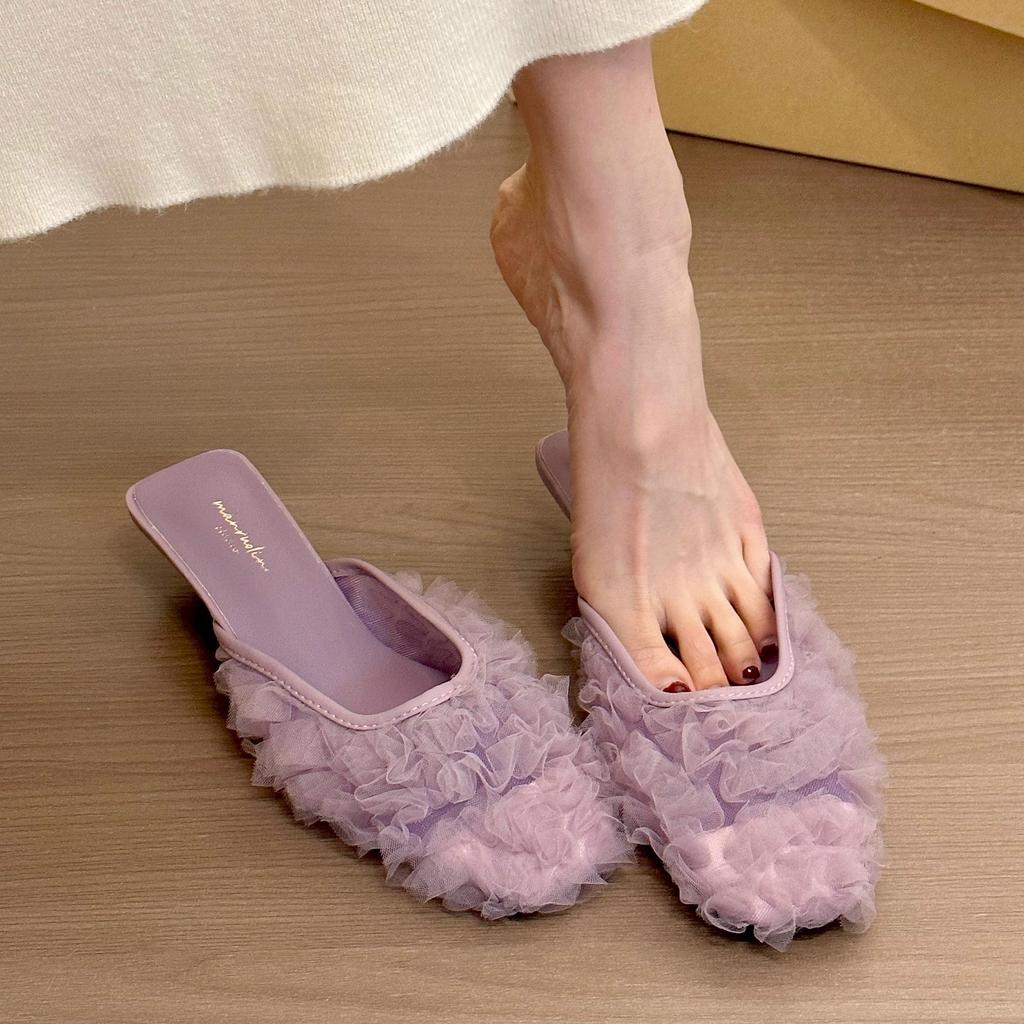 Mesh Women's Mules Slippers and Ladies Sandals Black Square Head Shoes Comfortable Elegan Korea Style Casual 2025 Trend Slides