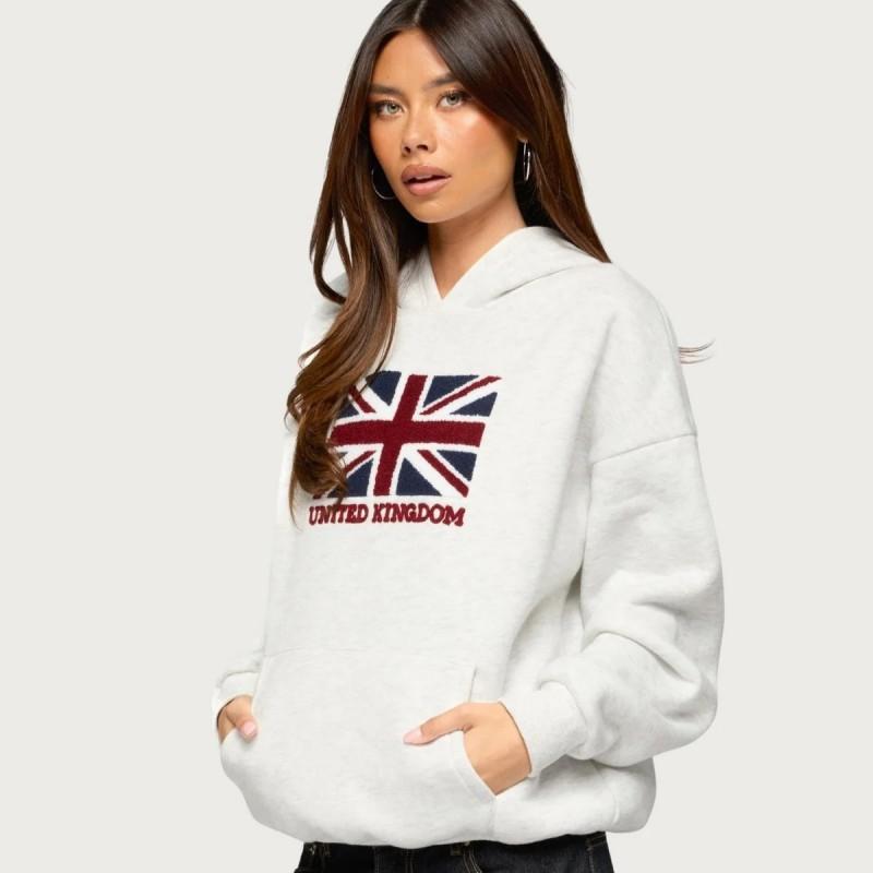 Womens V-Neck Long Sleeve Loose Fit Casual Sweatshirt With Flag Print Waffle Knit Comfortable Streetwear Top