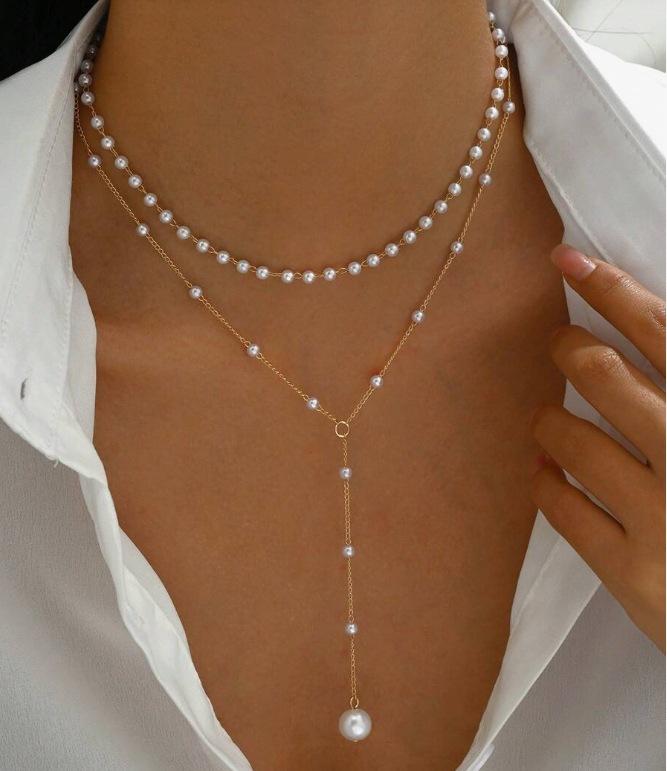 Jewelry, Pearl Necklace Women'S Personality Y-Shaped Pearl Tassel Stacked Collarbone Chain Necklace Jewelry
