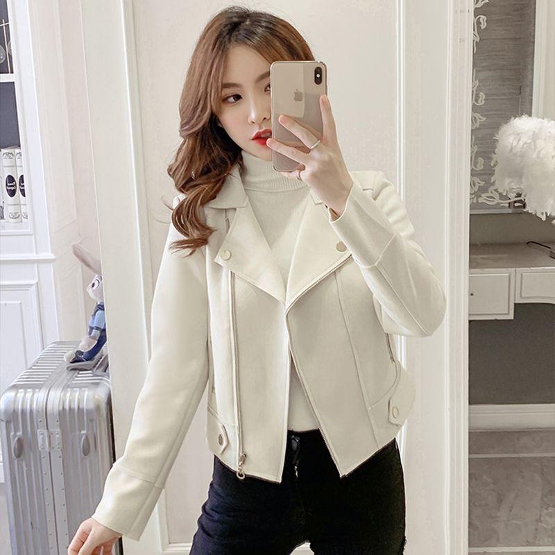 Wildleder Samt Kurze Jacke für Damen Neuer Frühling Herbst Stil Slim Fit Vielseitig Motorrad