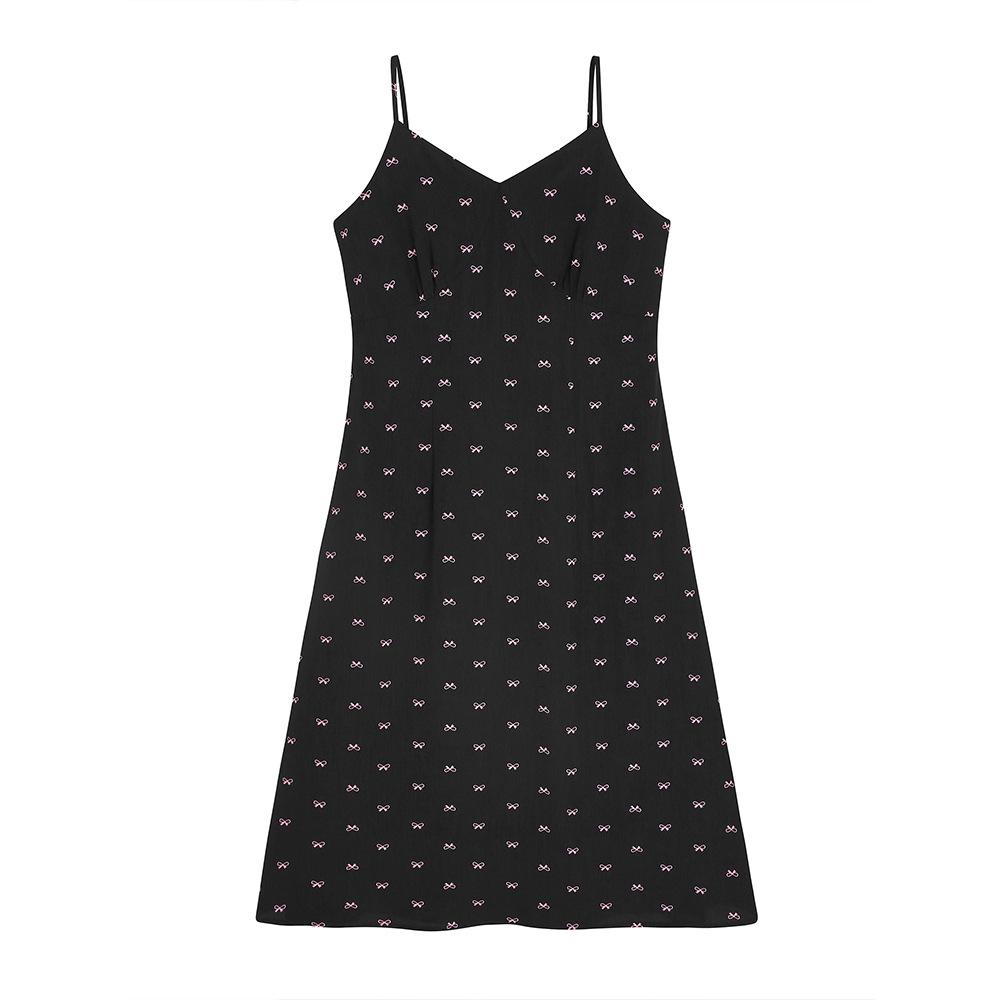 French Contrast Bow Print V-Neck Spaghetti Strap Plus Size Slimming Dress 1XL (120-140 lbs) чёрный