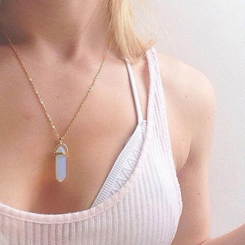 SUMENG 2024 New Fashion Hexagonal Column Quartz Chokers Natural Stone Bullet Pink Crystal Pendant Necklace For Women Jewelry Silver&45cm
