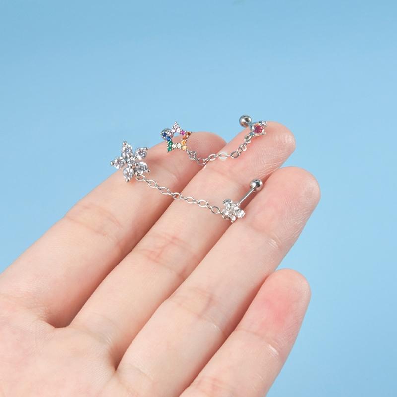 Colorful Zircon Tragus Helix Ear Lobe Stud Chain Link Earring Women Drop Ear Ring Fashion Jewelry for Daily Wear