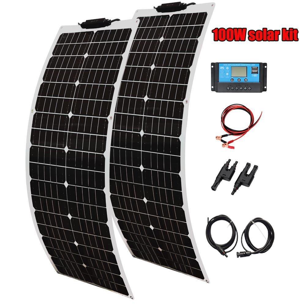 Flexible Solar Panel 50 Watt 12 Volt Monocrystalline Semi-Flexible Bendable 50W 100W Off-Grid Charger Marine RV Cabin Van Car 4