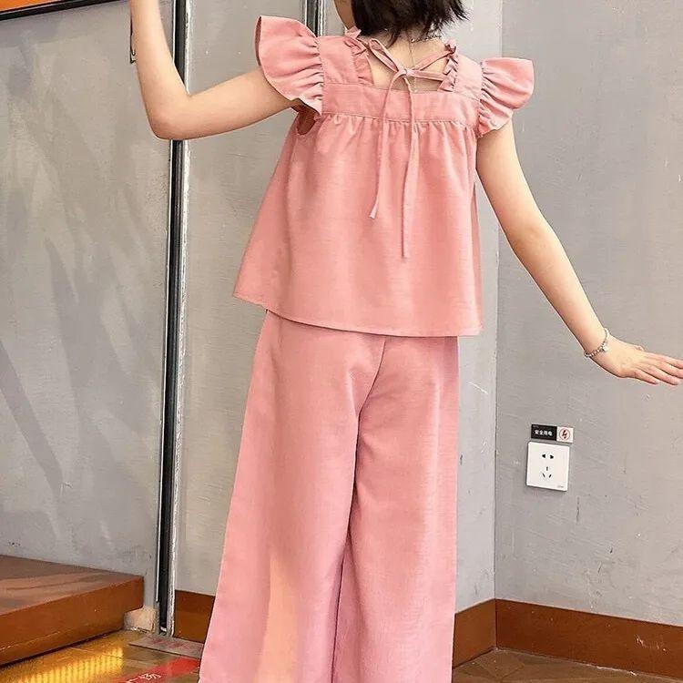 Girl Summer Sweet Solid Color Set Ruffle Shirt Doll Shirt Wide Leg Pants Two Piece Set