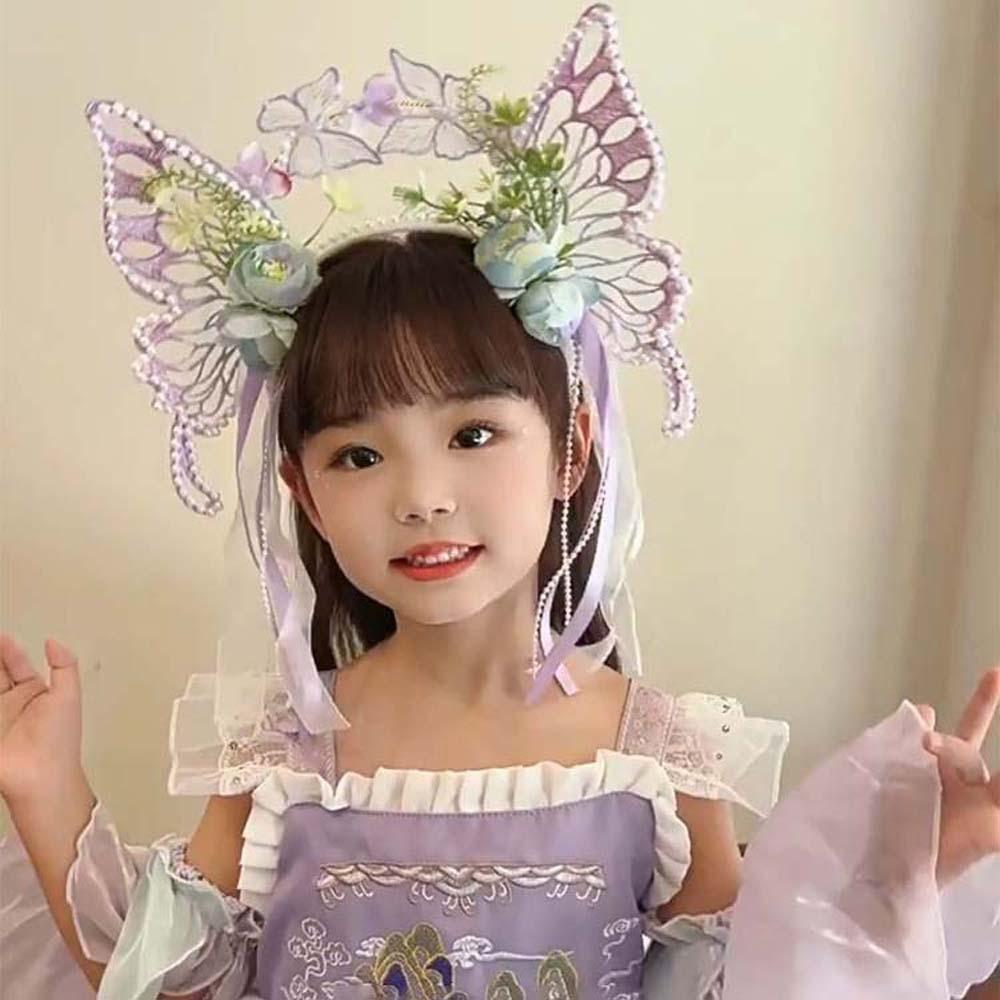 Kawaii Big Butterfly Wing Hairpins Mesh Flower Headband Elegant Elf Ear Headband  Kids Gift