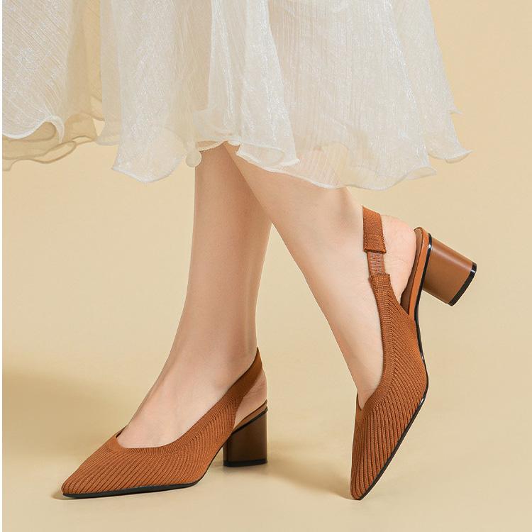 Women's Large Size Spring Sharp Pointed Toe Thick High Heel Single Shoes Casual Shallow Mouth Hollow Solid Color Buckle Knitted Sandals Shoes 34-43