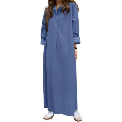 Women's Casual Denim Maxi Dress Roll-Up Sleeve Lapel Button Up Shirt Dress Loose Fit Long Jeans Dress