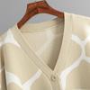 Autumn Winter Women Jacquard Sweater Loose Knit Coat V Neck Long Patterned