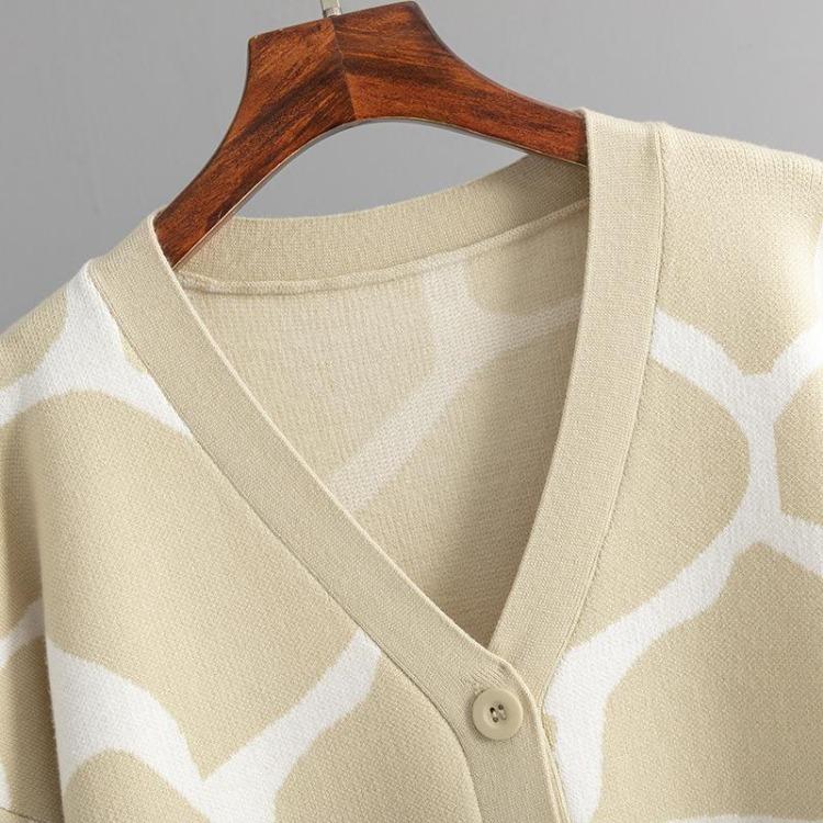 Autumn Winter Women Jacquard Sweater Loose Knit Coat V Neck Long Patterned