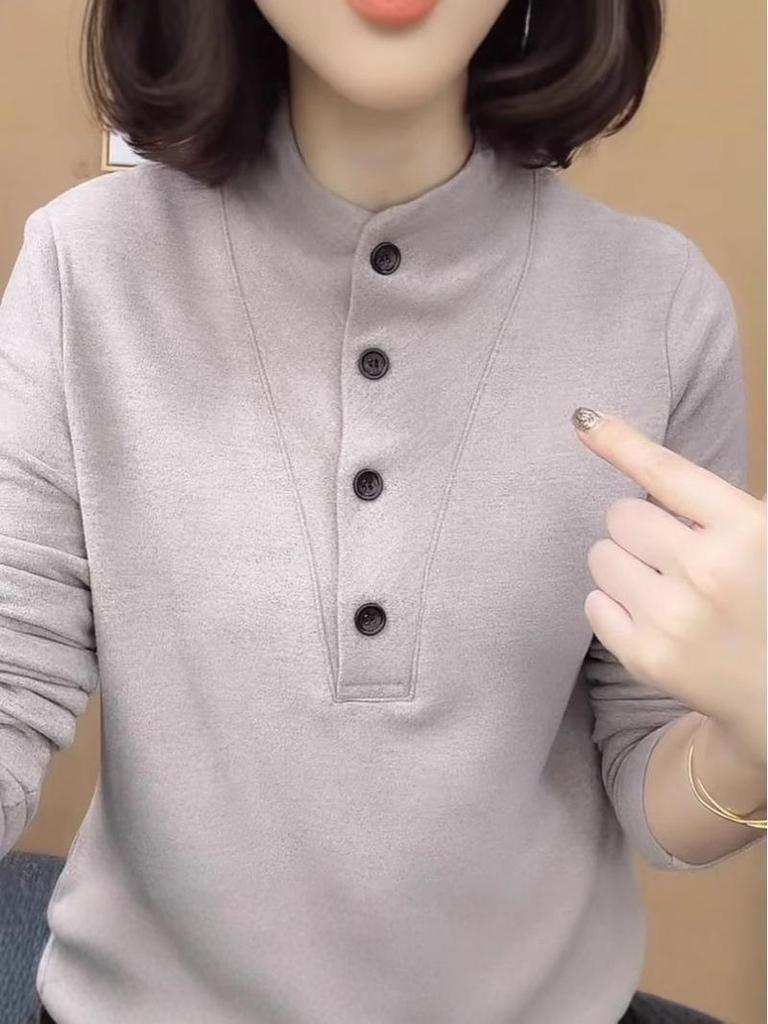 Women's Advanced Grey Slimming Long Sleeve Top - Belly Covering, Warm, Age-Reducing, Trendy Autumn/Winter Fashion.