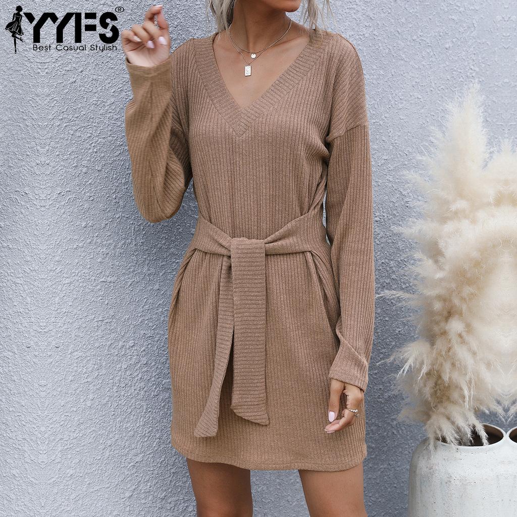 YYFS Women's Fashion Autumn Winter Solid Color Print Long Sleeve V-Neck Knitted Casual Dresses