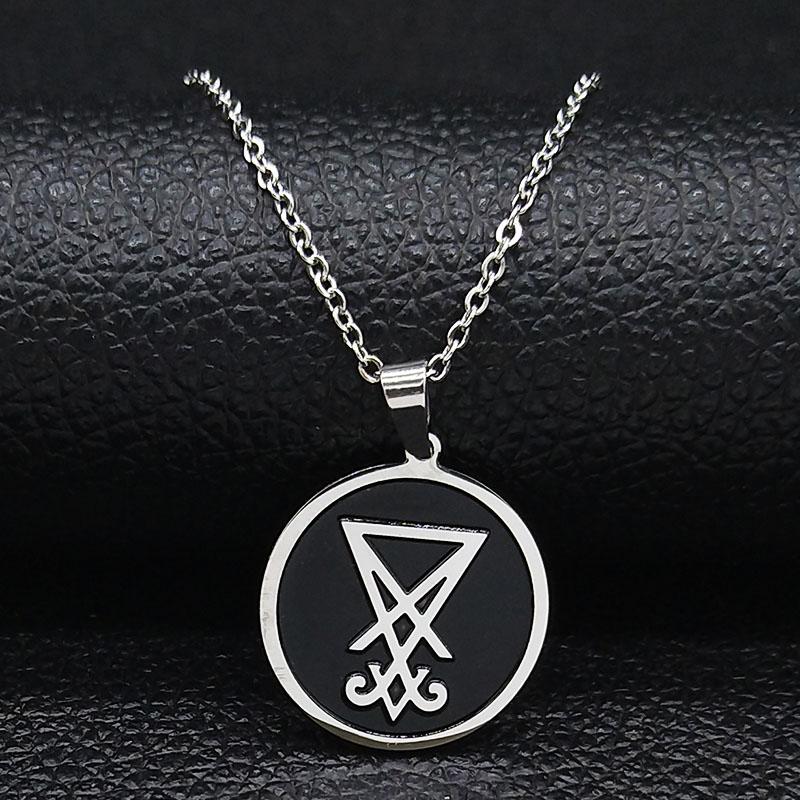 Sigil Kirche des Satans Edelstahl Halskette Herren Siegel des Luzifers LaVey Versteckter Teufel Emaille Halskette Schmuck collares N2036S03 gray