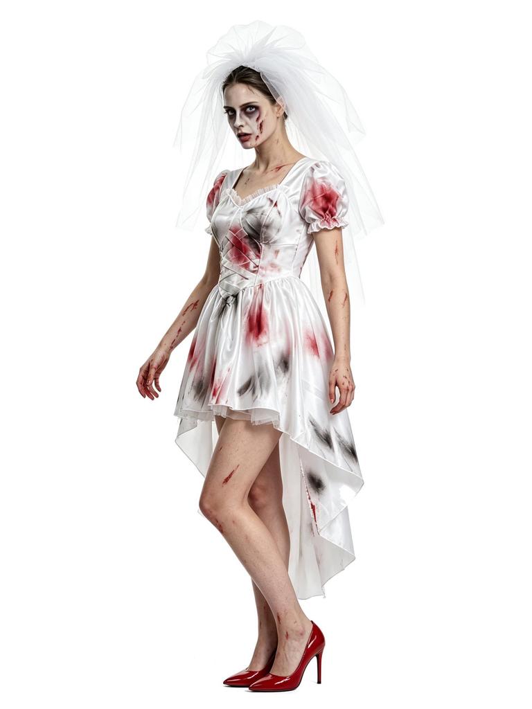 Halloween Ghost Bride Scary Bloody Zombie Wedding Dress Costume