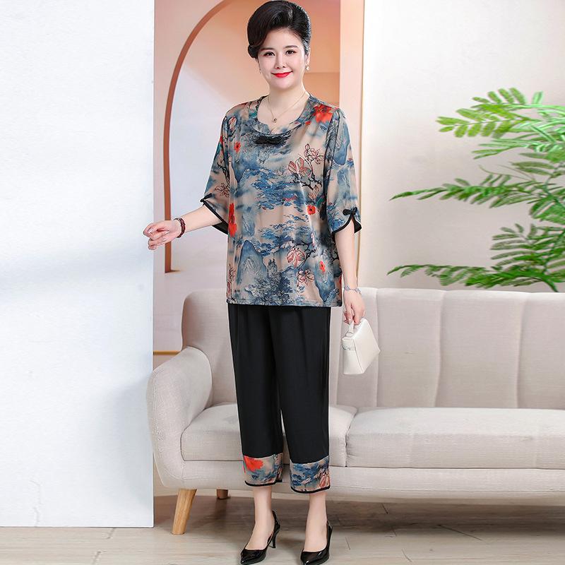 7XL Summer Plus Size Chinese Style Two-Piece Set for Middle-aged and Elderly Women