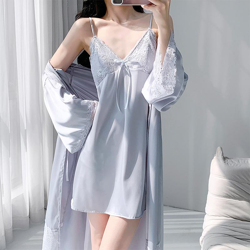 1011 new ice silk suspender nightdress two-piece set with chest pad lace lace sexy pajamas women
