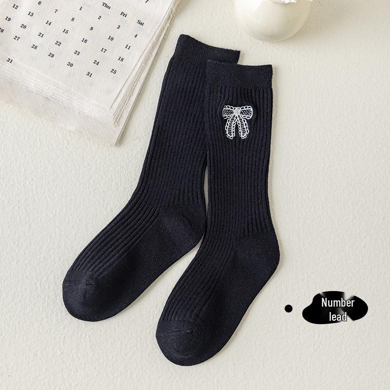 Girls' Calf Socks with Embroidered Bows - Spring/Autumn Cotton Long Socks for Children