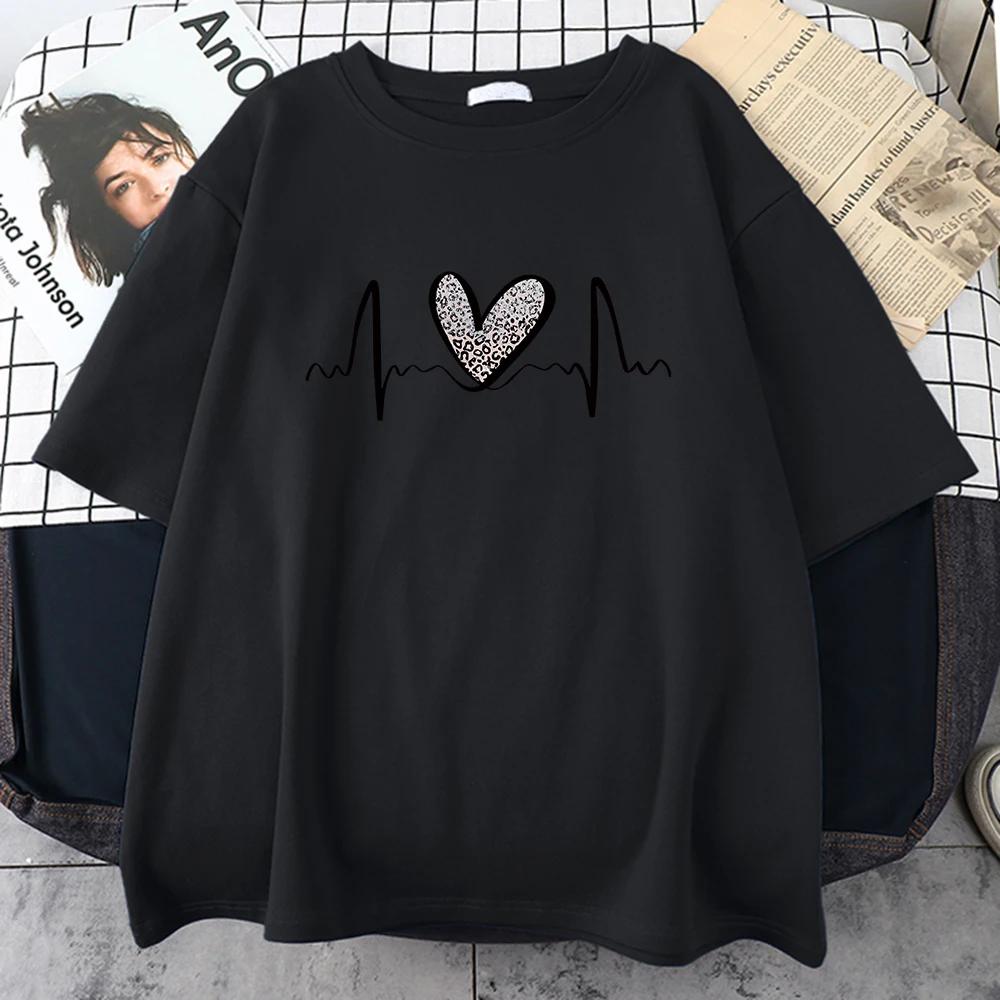 

Fluctuating Leopard Heart Electrocardiogram TShirt Women Summer Soft Clothing Fashion Short Sleeve Plus Size Cotton Tshirts S