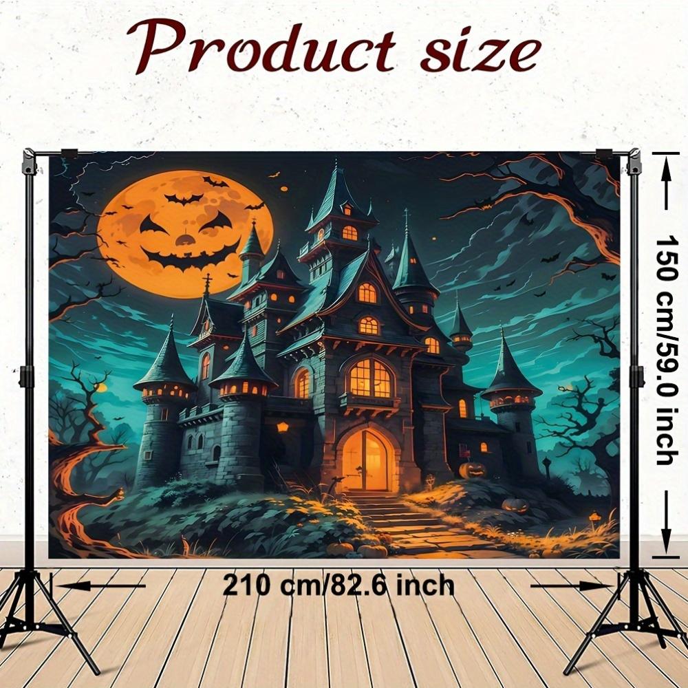 Halloween Castle Background Decorated with Pumpkin and Bat Ornaments - Themed Party Decoration