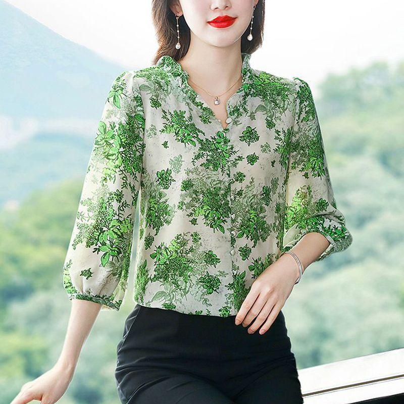 Geblümtes Chiffon-Hemdoberteil für Damen, Frühling/Sommer, bedruckt, schick, süß, lässig, Laterne, halbe Ärmel, Bluse, Blusas