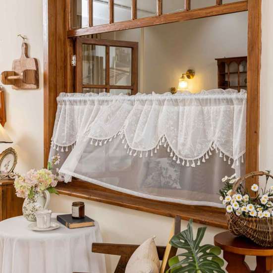 Polyester Tulle Window Valance Jacquard Lace Curtain, 39 Inch Vintage Embroidered Floral Valance, Semi Light Filtering Small Panel Sheer Swag with Rod