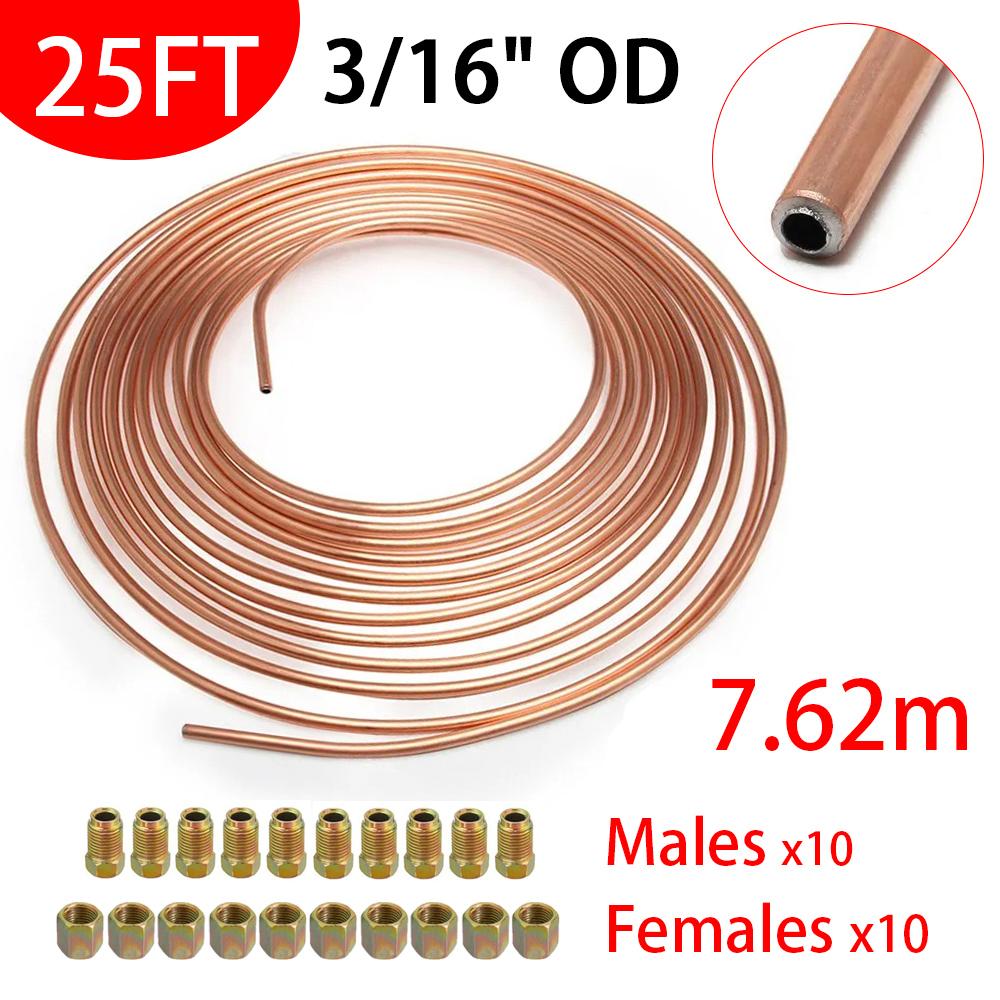 25ft Car Roll Tube Coil of 3/16" OD Copper Nickel Brake Pipe Hose Line Piping Tube Tubing Anti-rust With 16/20PCS Tube Nuts
