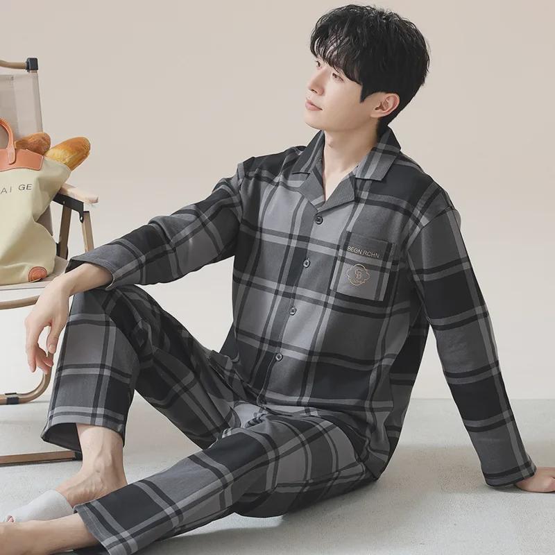 Men's 2024 Plaid Long-Sleeve Pajama Set – Oversized, Spring/Fall, Indoor/Outdoor Wear