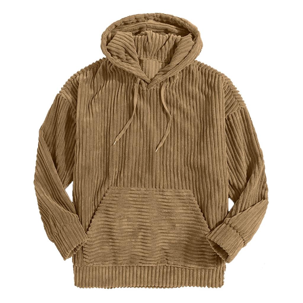 Men's Hoodie with Thick Corduroy Long Sleeves and Solid Color Kangaroo Pockets, Hanging Shoulder Hooded Sweatshirt
