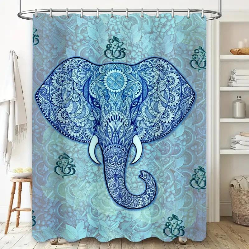 Luxury Blue Mandala Elephant Shower Curtain Decorative Bath Mat Waterproof Fabric for Bathroom Accessories Size: W69 X L72 In Ho
