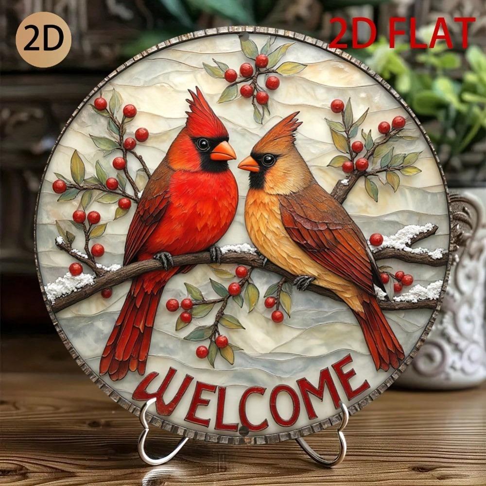 3D Cardinal Metal Wall Art Winter Berries Welcome Sign Home Porch Decoration