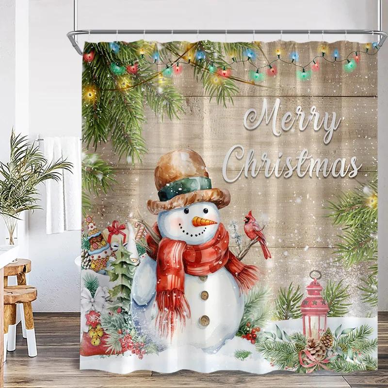 Red Santa Claus Shower Curtains Green Pine Bough Xmas Balls Snowflake Christmas Bath Curtain Set Home Bathroom Decor With Hooks