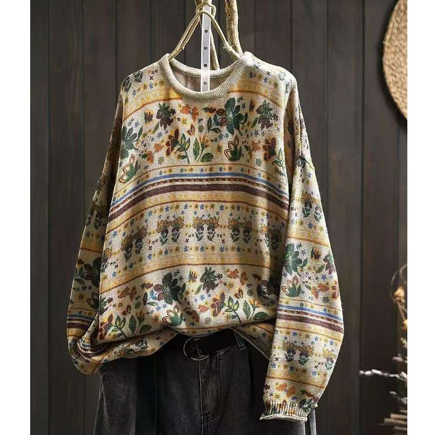 Autumn printed pullover sweater women's round neck loose casual long-sleeved blouse literary sweater