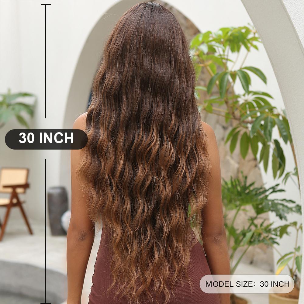 Long Curly Wigs Brown Loose Wavy Synthetic Wig With Bangs Chocolate Brown for Women Afro Wig Daily Party Use Heat Resistant Wigs