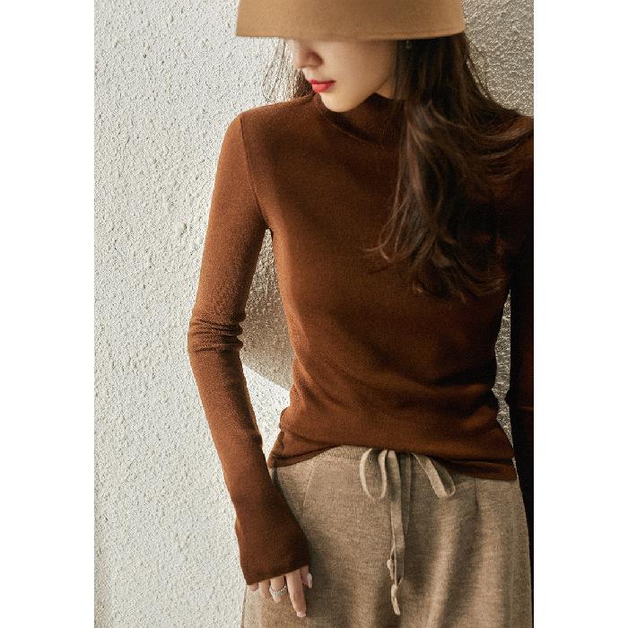 

2024 Новые осенние и зимние топы, трикотажные женские футболки с длинными рукавами и полуводолазкой, большие размеры, нижняя рубашка в корейском стиле, однотонный свитер One size