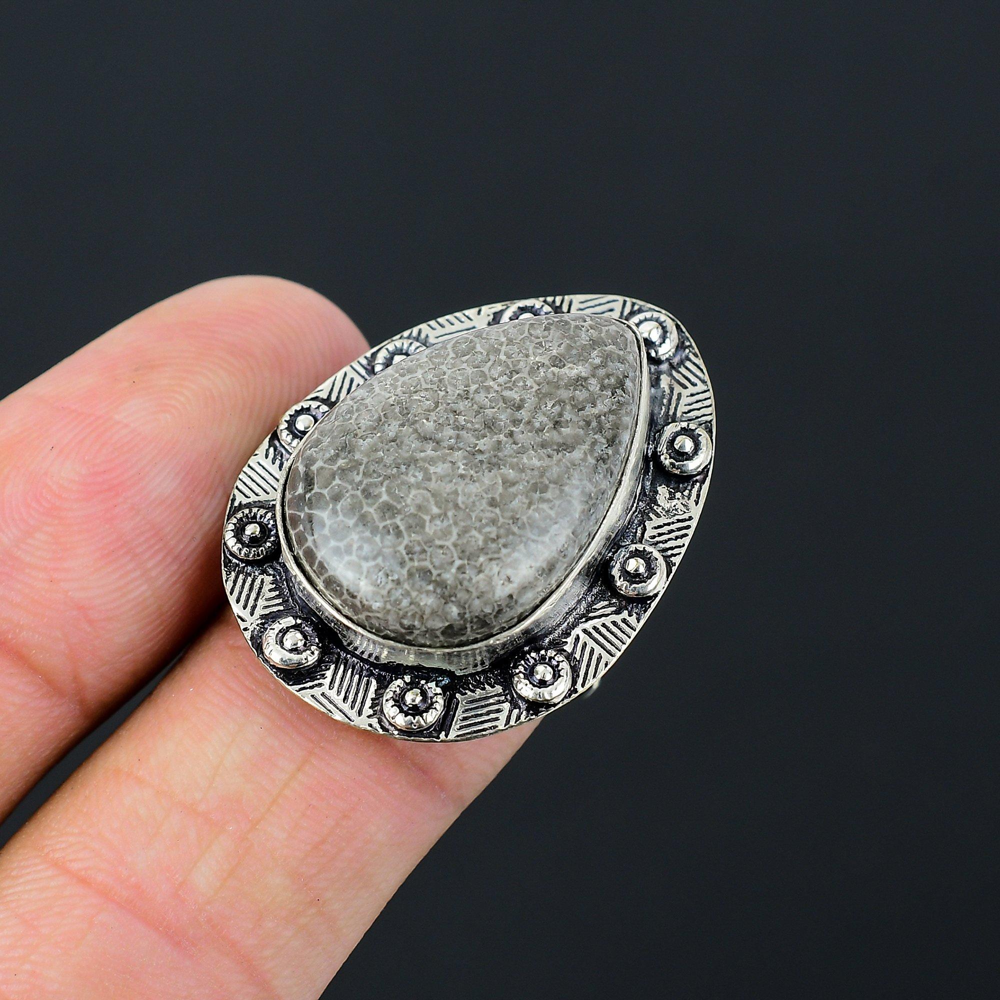 Pear Stingray Coral Gemstone Engagement Statement Ring Sterling Silver US 7.5 7.5