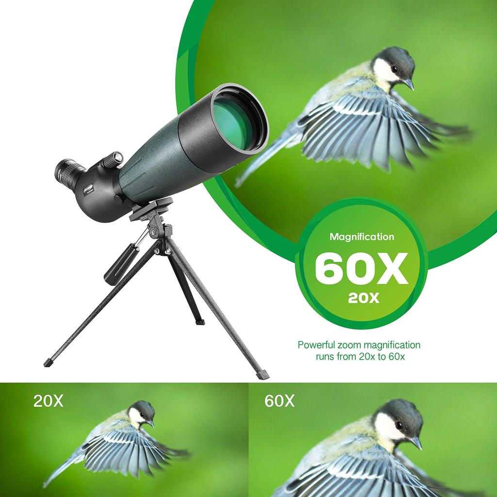 AOMEKIE 20-60X80 Spotting Scope with Tripod and Phone Adapter Case, Target Sighting, Waterproof, Fogproof, FMC BAK4, 45° Angle, Monocular, Telescope