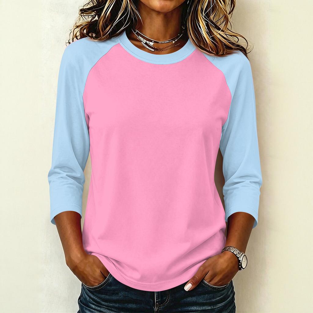 Women's Casual Color Block Pullover T-Shirt, Raglan 3/4 Sleeve, Round Neck, Lightweight Top for Summer, Spring, and Fall