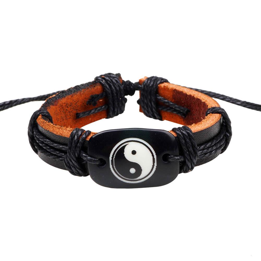 JMXD Vintage Leather Bracelet Peace Symbol Braided Pull String Adjustable Taiji Yin Yang Wrap Bracelet Unisex Boho