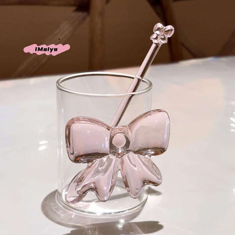 M-Pink Bow Glass Coffee Spoon Long-Handled Dessert/Milk Tea Stirring Spoon Heat-Resistant Teaspoon Household Kitchen Tool