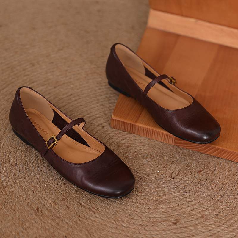 Krazing Pot Kuhleder Mode Frühling Herbst Schönheit Flach mit Damen Square Toe Schuhe Mary Janes Flache Ballerinas